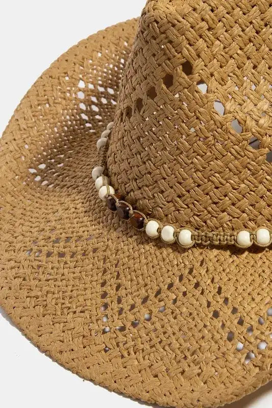 Fame Mixed Beaded Strap Western Fedora Straw Hat.