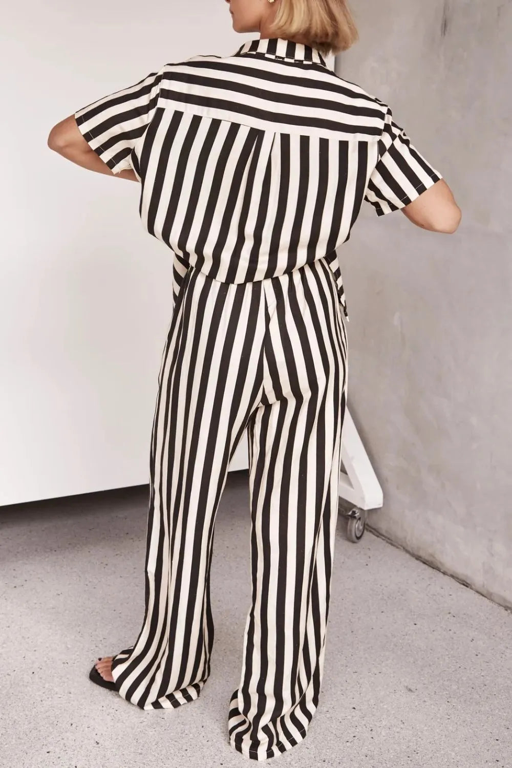 Striped Collared Neck Half Sleeve Top and Pants Set - CHIC TB
