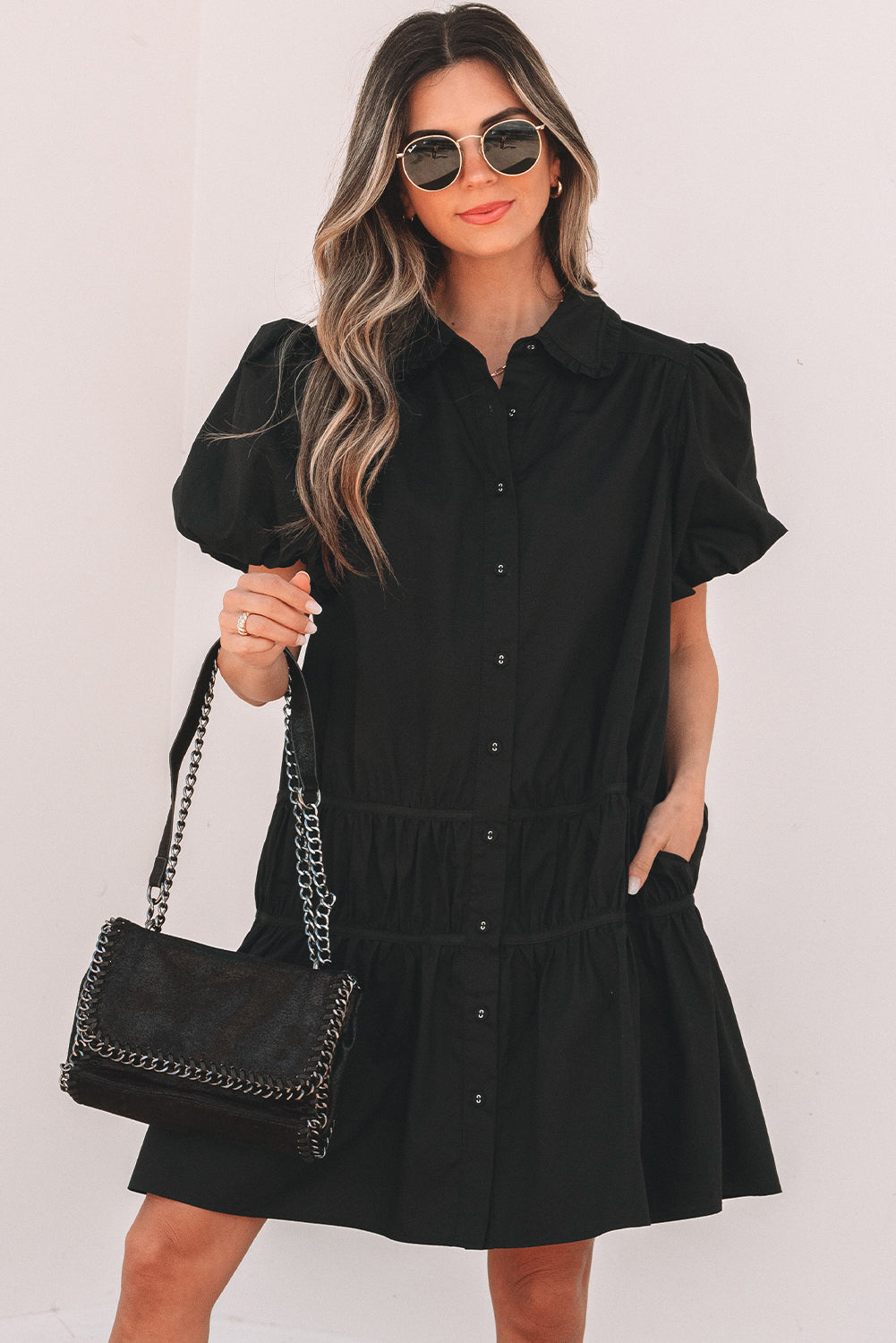 Black Shirt Style Button Down Puff Sleeve Ruffle Hem Dress Dear-Lover Dropshipping