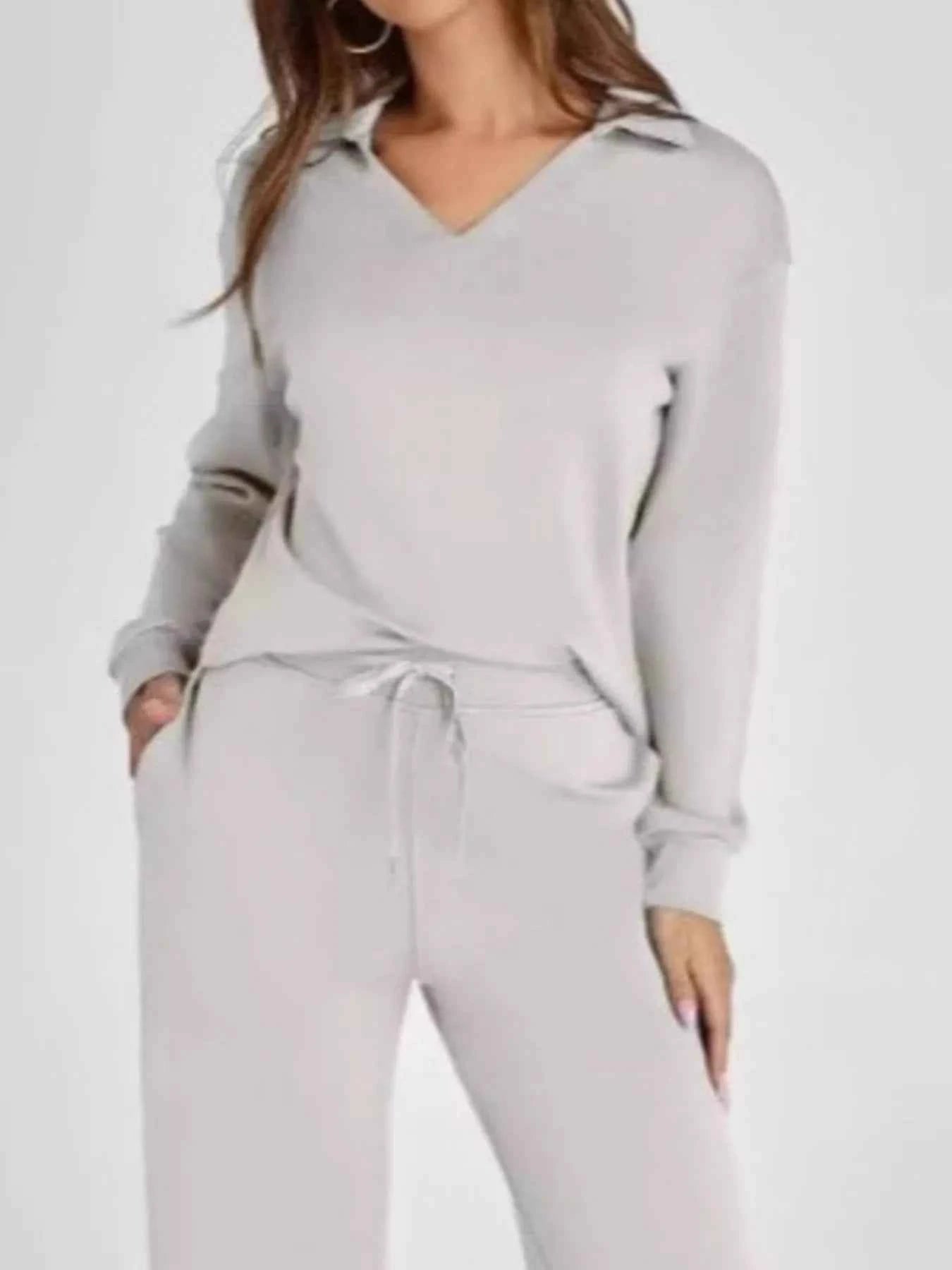 Full Size Johnny Collar Long Sleeve Top and Pants Plus Size