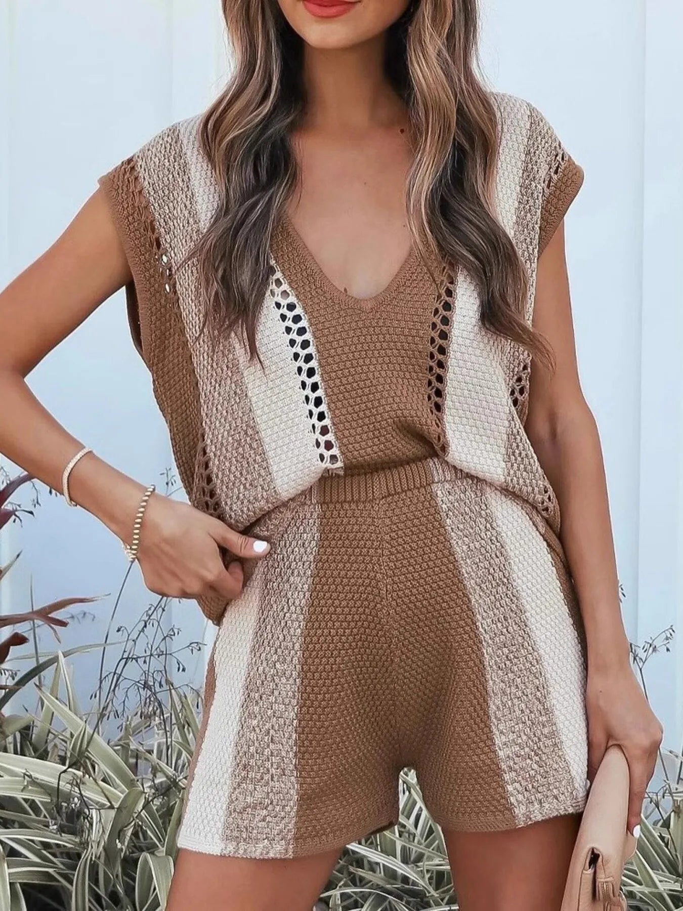 Openwork Color Block V-Neck Top and Shorts Sweater Set.