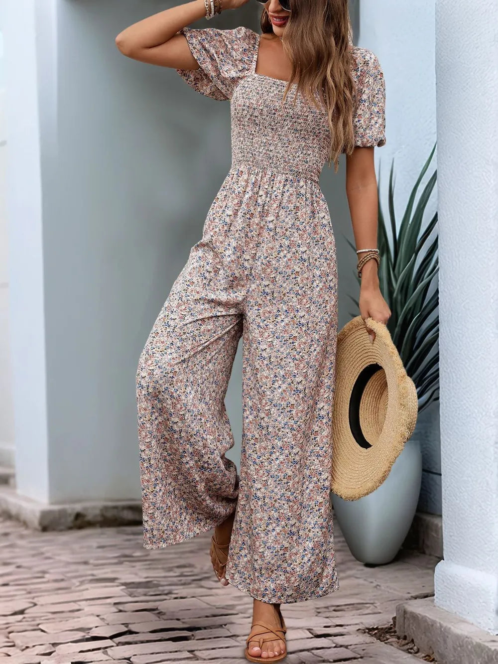 Perfee Ditsy Floral Smocked Square Neck Puff Sleeve Jumpsuit - CHIC TB