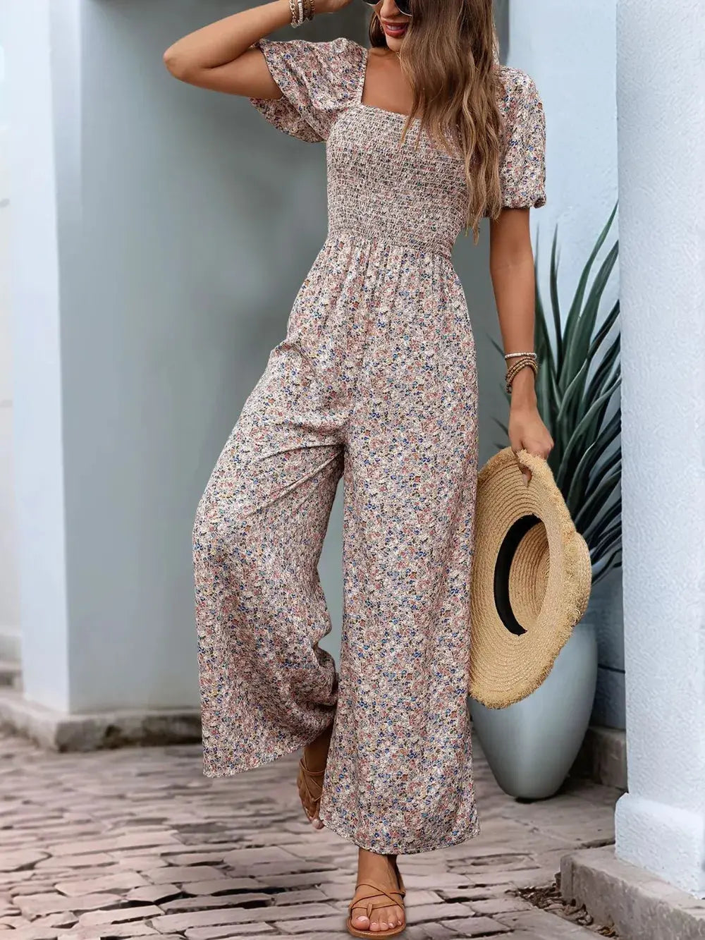 Perfee Ditsy Floral Smocked Square Neck Puff Sleeve Jumpsuit.