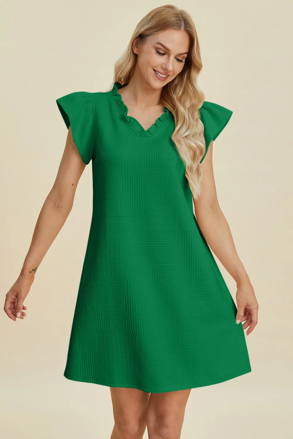Double Take Full Size Ruffled V-Neck Cap women Sleeve Dress.