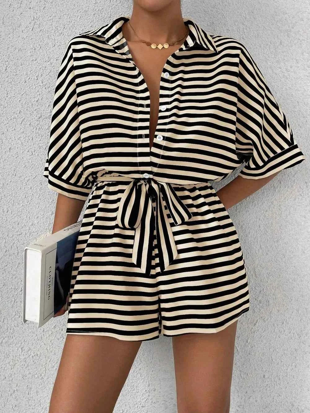 Tie Waist Half Button Striped Romper