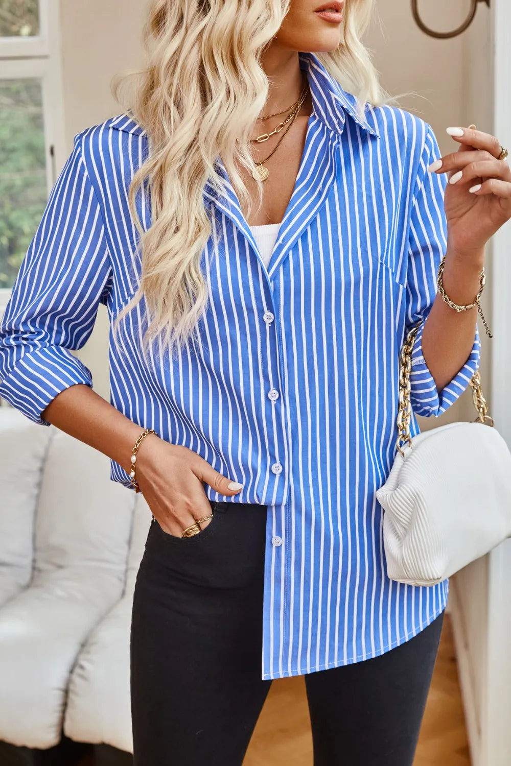 Lovelet Striped Button Up Long Sleeve Shirt.