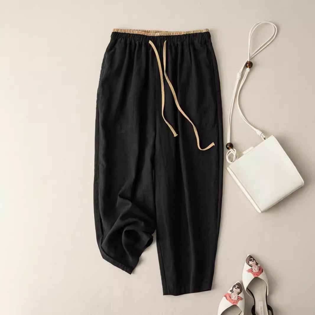 Womens Retro Korean-Style Simple Cotton-Linen Wide-Leg Casual Pants