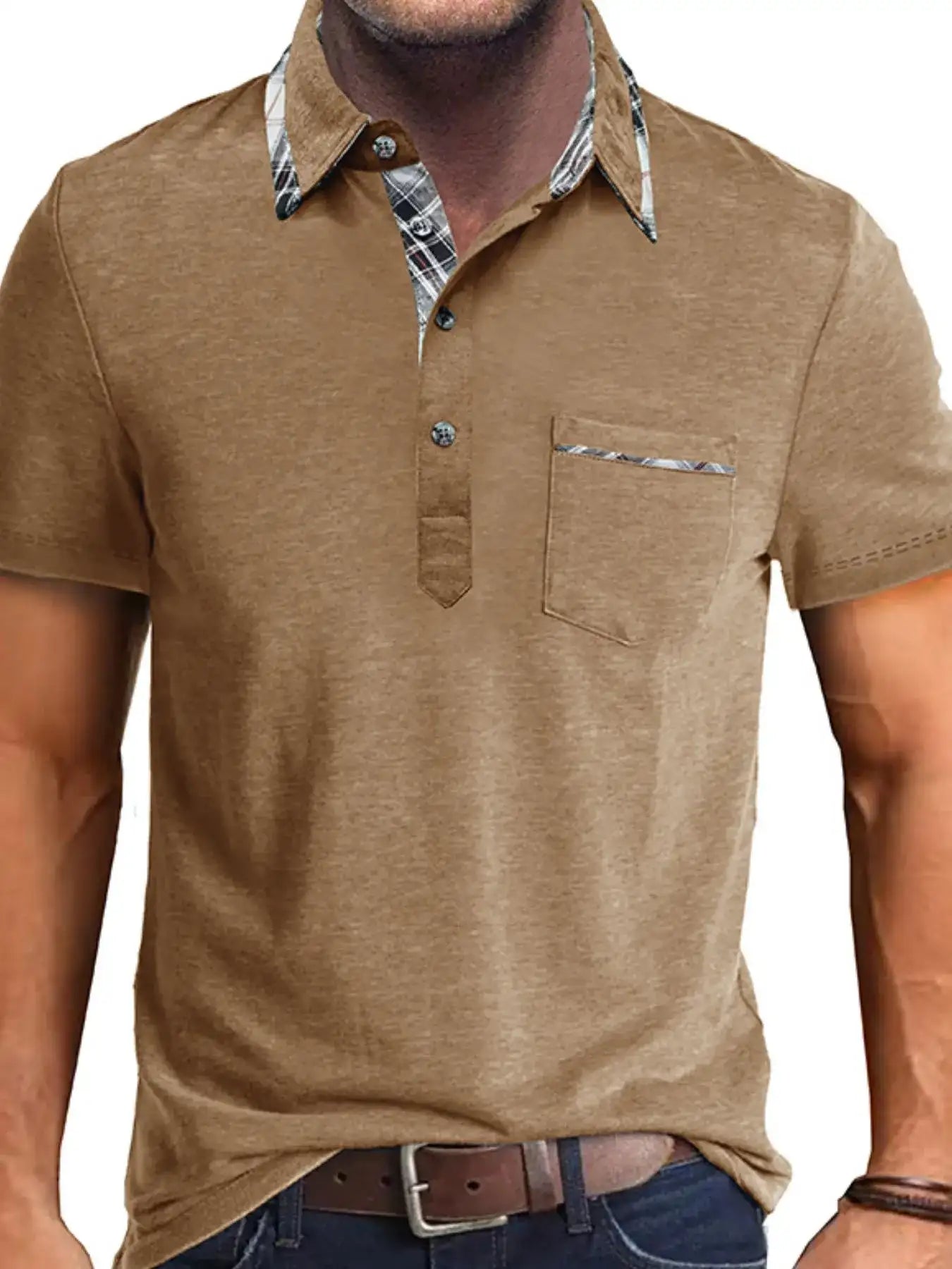 Men's Full Size Classic Plaid Collar Cotton Polo Shirt Plus Size.