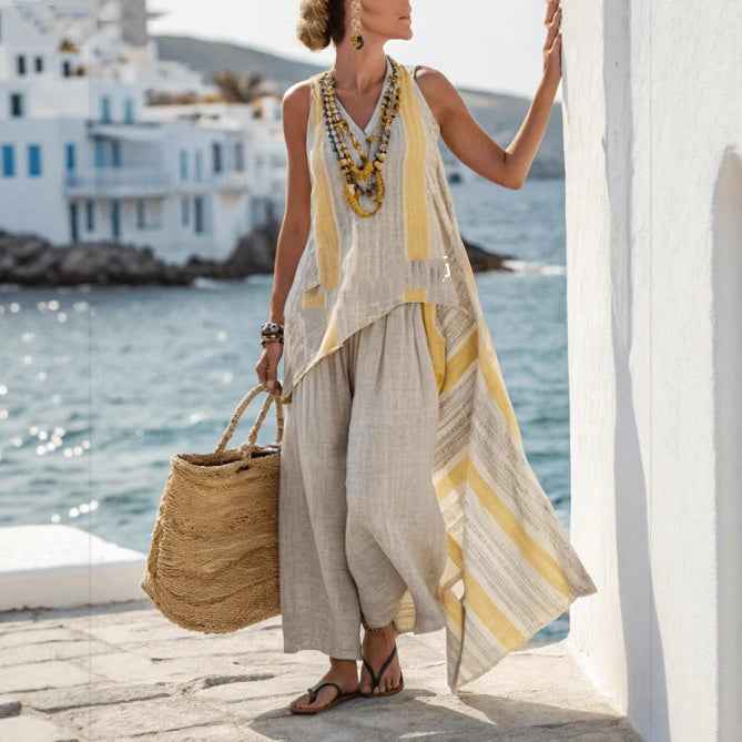 Fashionable Casual Dopamine Holiday-Style Petite Linen Two-Piece Set