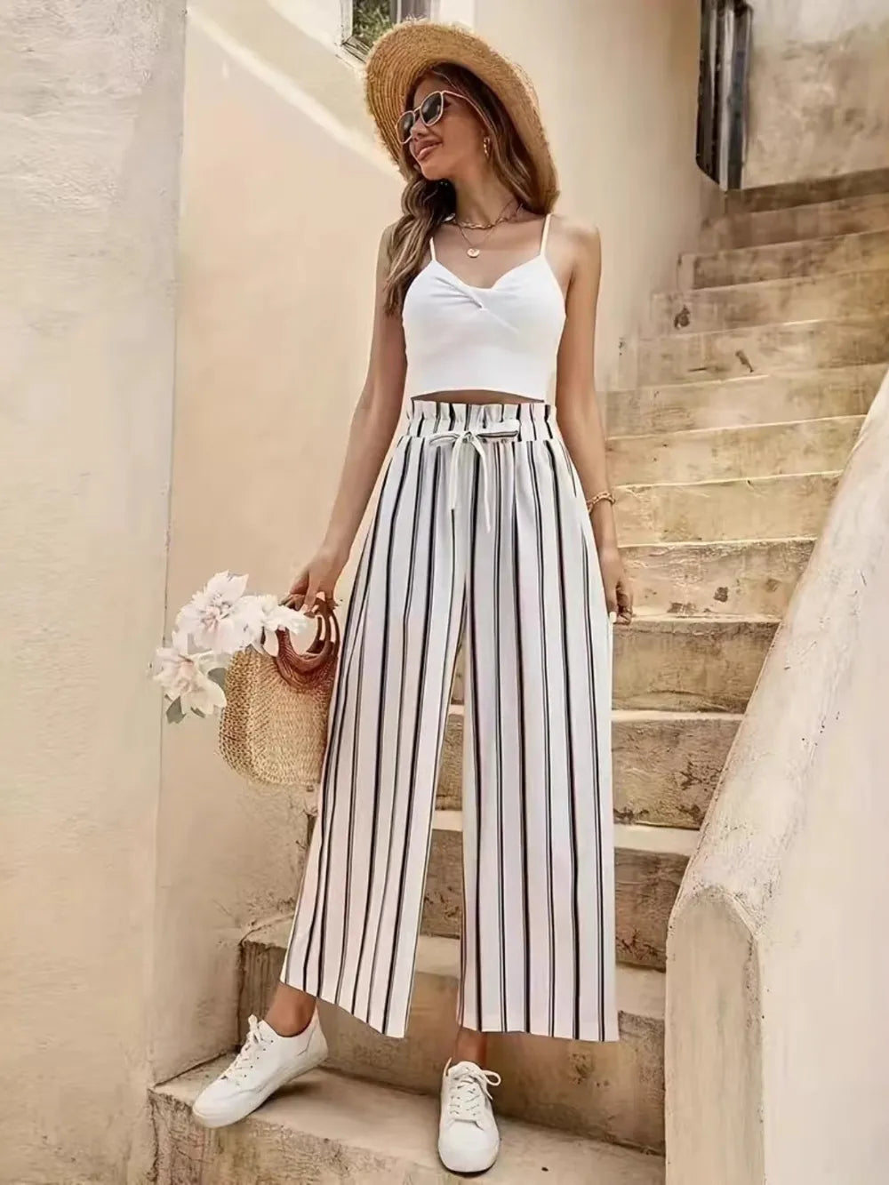 Tied waist Striped Wide Leg Pants for women.