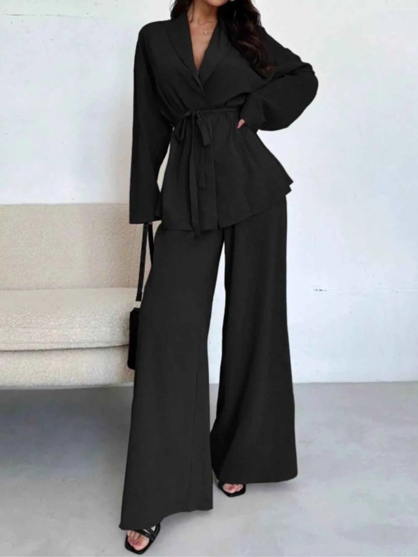 Front Tied Shirt and Wide-Leg Pants Set