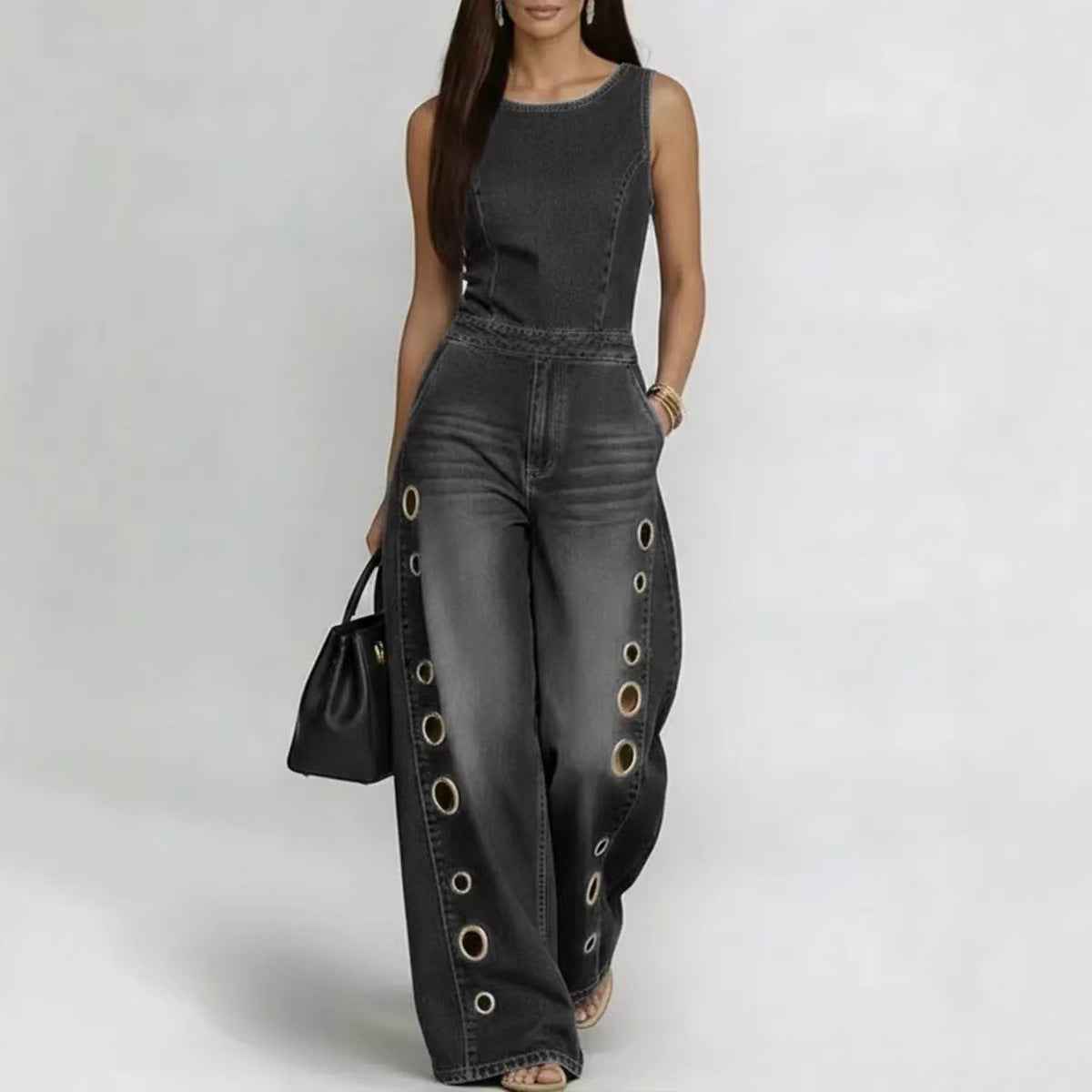 High-waisted Loose-fit Cutout Metal-detail Denim Jumpsuit