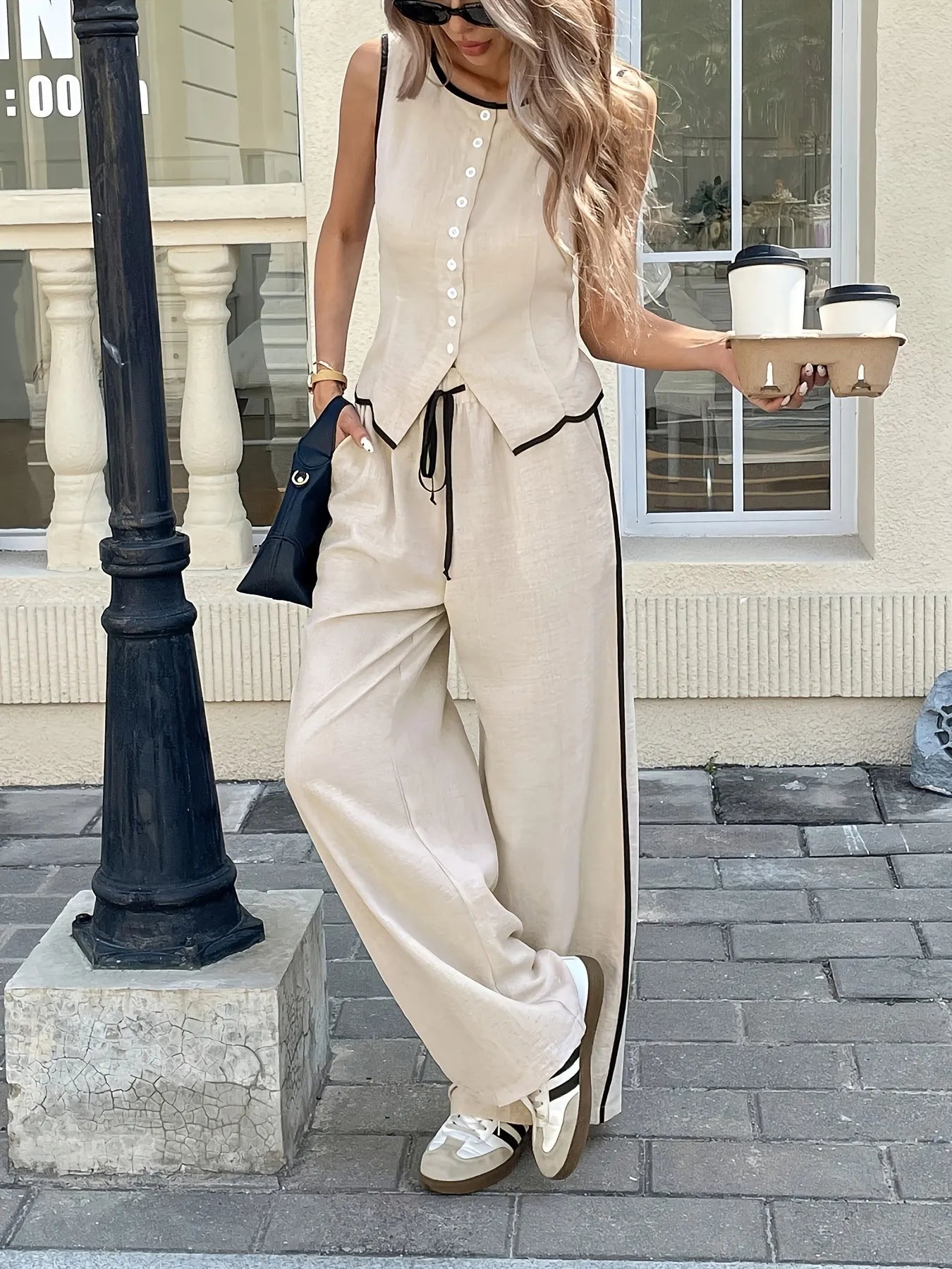 Casual Button-Up Tank and Wide-Leg Pants Set.