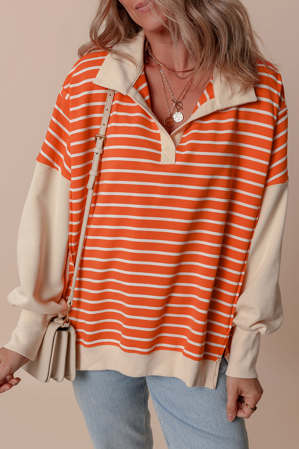 Orange Stripe Color Block Loose Fit Collared Drop Shoulder Sweatshirt Dear-Lover Dropshipping
