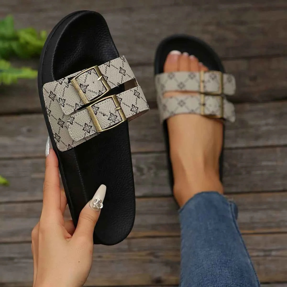 Open Toe Double Buckle Sandals