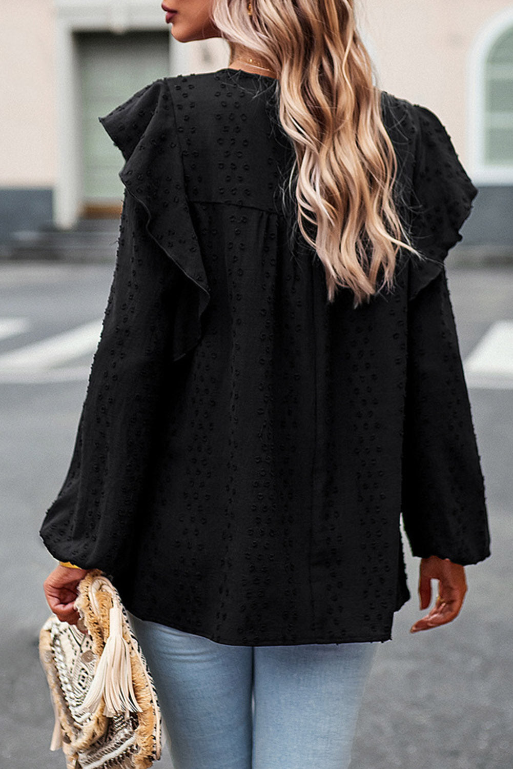 Black Lace Eyelet Ruffle Shoulder Long Sleeve Blouse Dear-Lover Dropshipping
