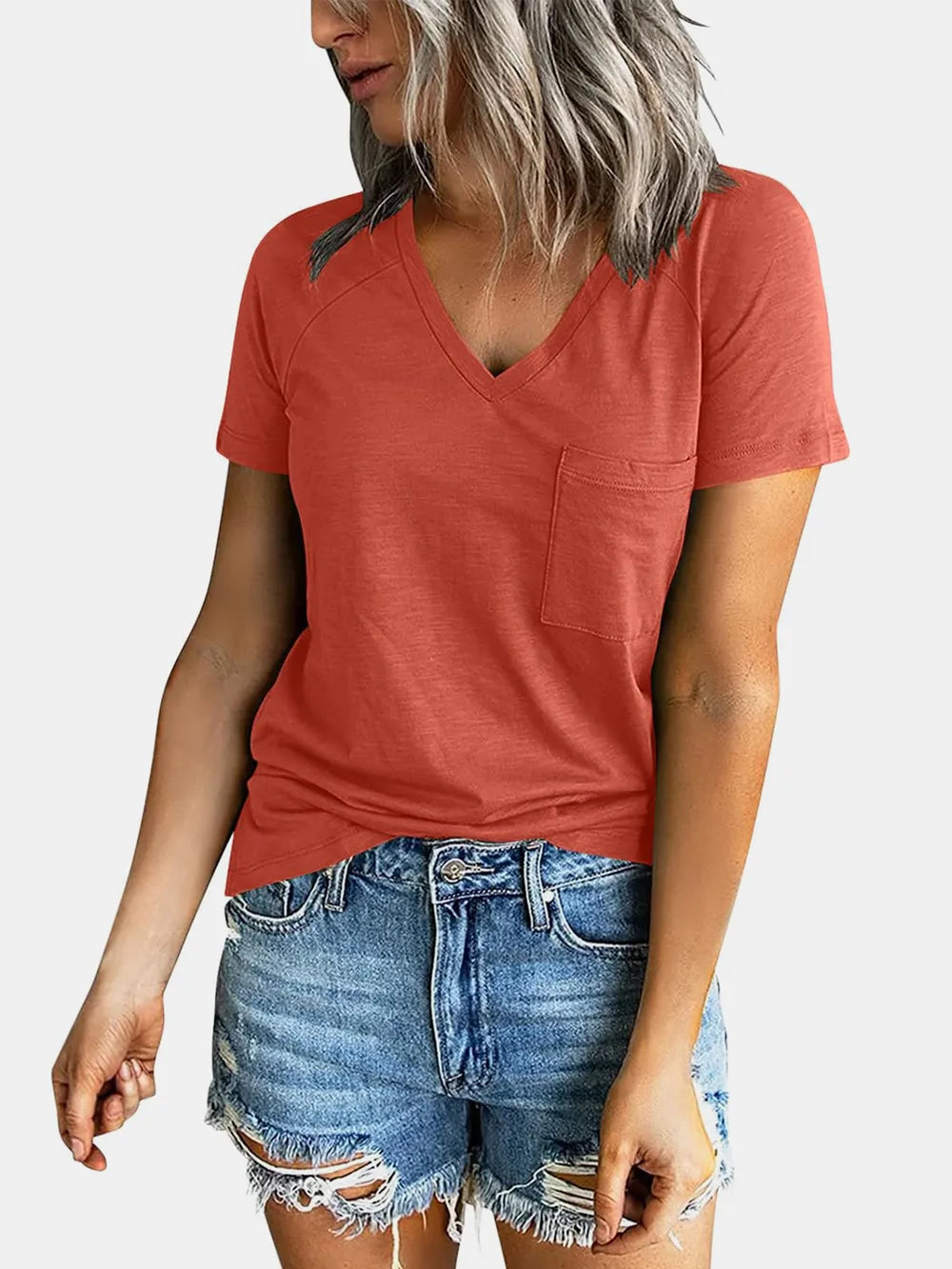 Pocketed V-Neck Short Sleeve T-Shirt.