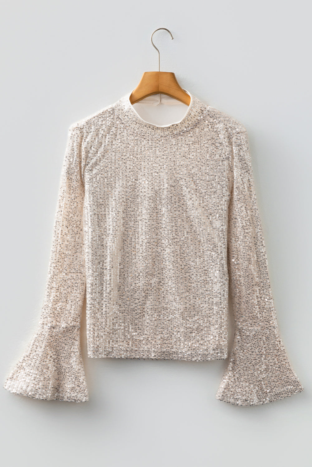 Jet Stream Sequin Mock Neck Drape Open Back Bell Sleeve Top Dear-Lover Dropshipping
