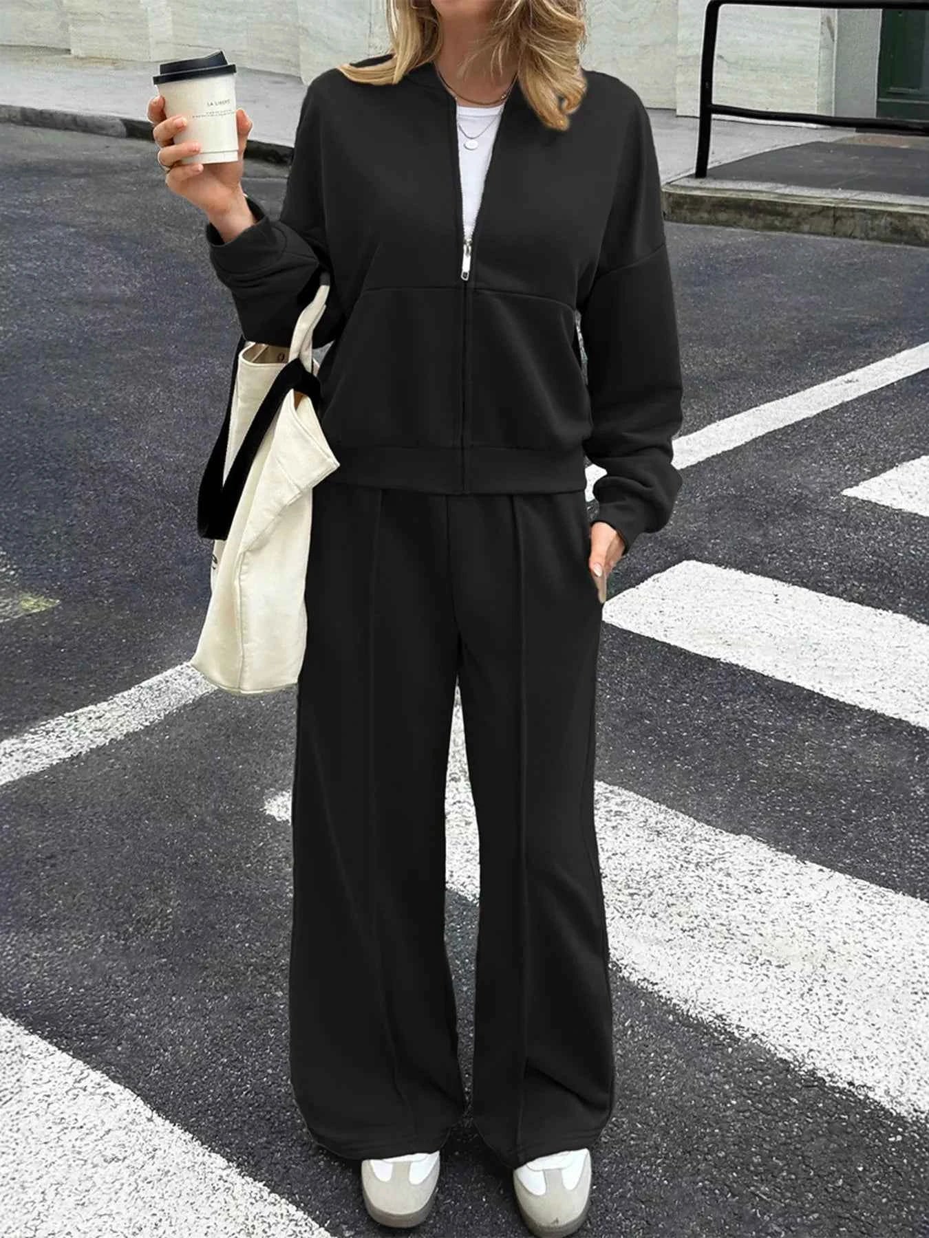 Zip Up Drop Shoulder Top and Pants Set