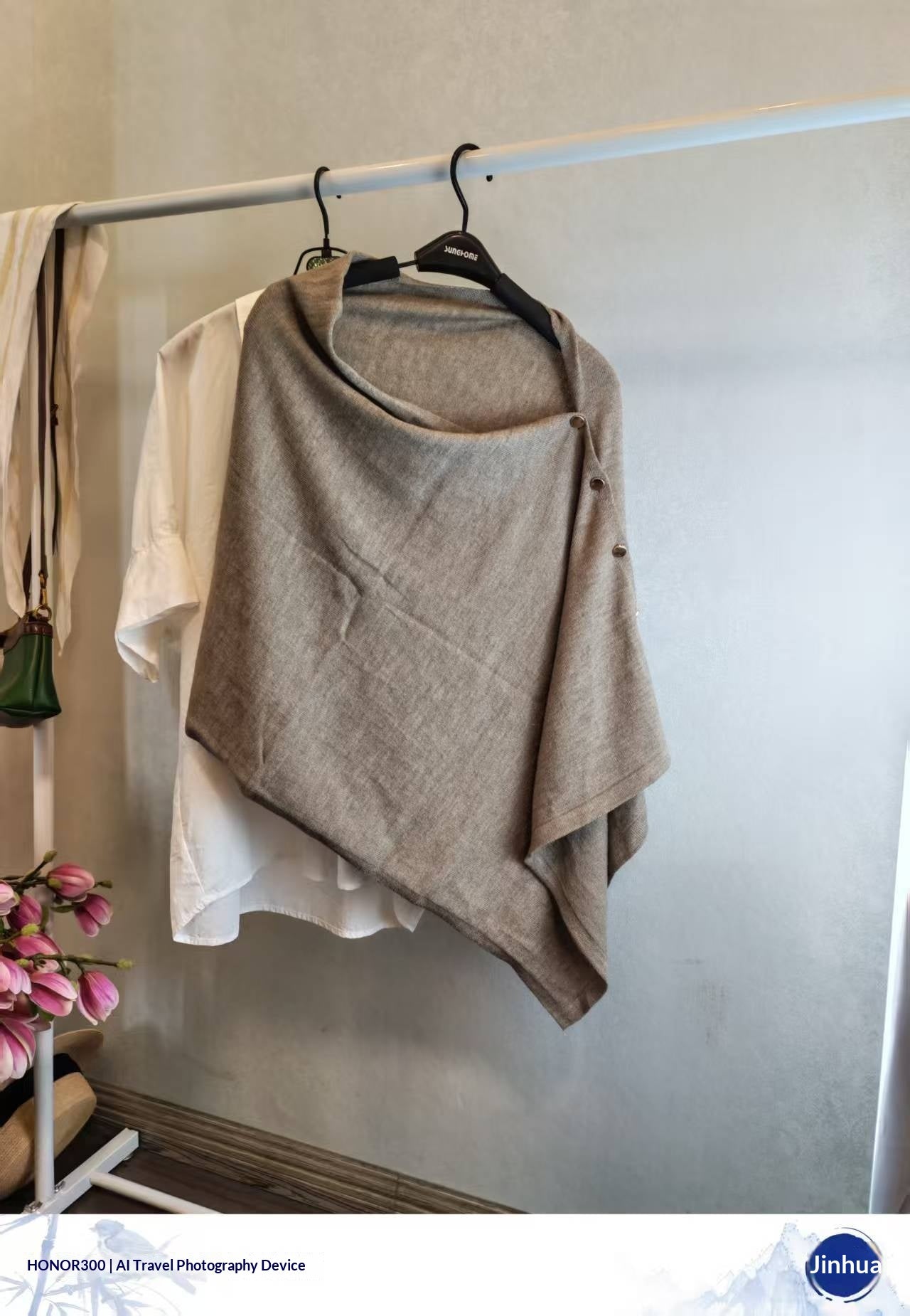 Vintage women's slouchy shawl in slate gray with side buttons and sophisticated drape for autumn warmth.