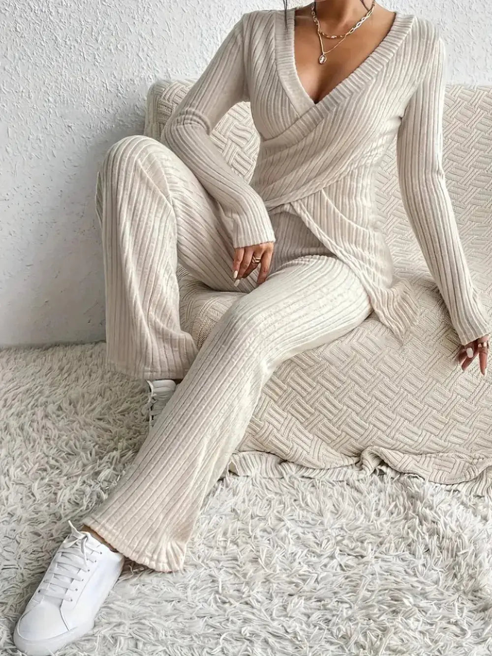 Surplice Long Sleeve Top and Pants Set.