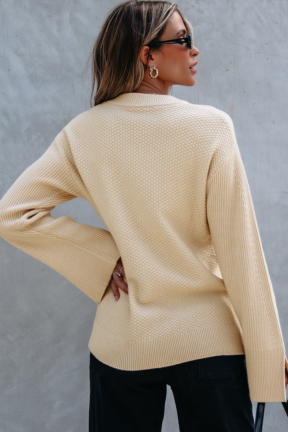 Parchment Solid Textured Knit Split Cuff Drop Shoulder Loose Sweater Dear-Lover Dropshipping