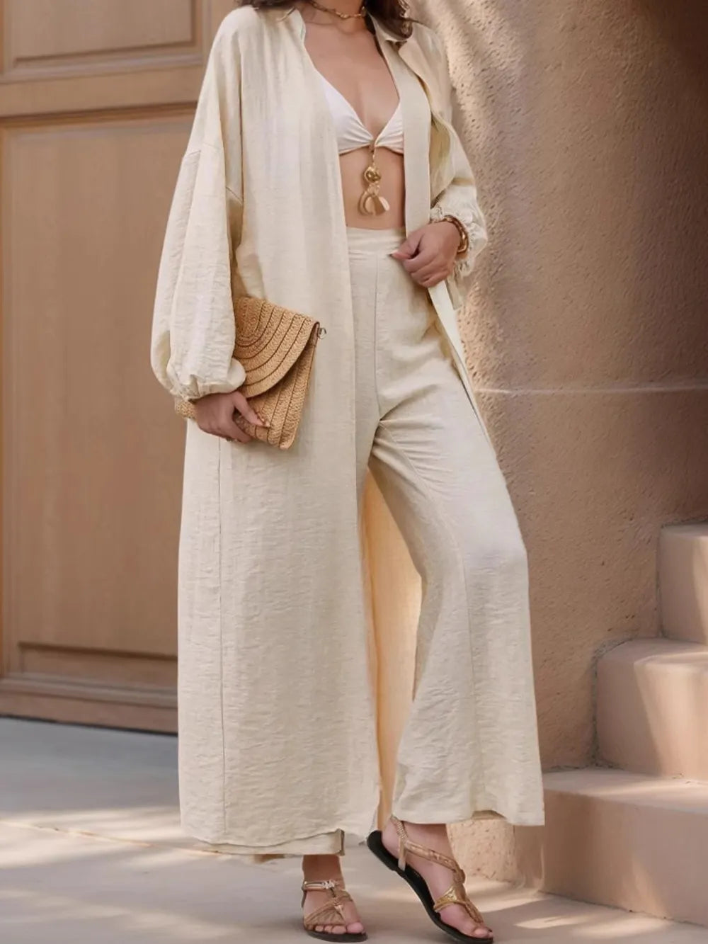 Open Front Balloon Sleeve Cardigan and Pants Set - CHIC TB