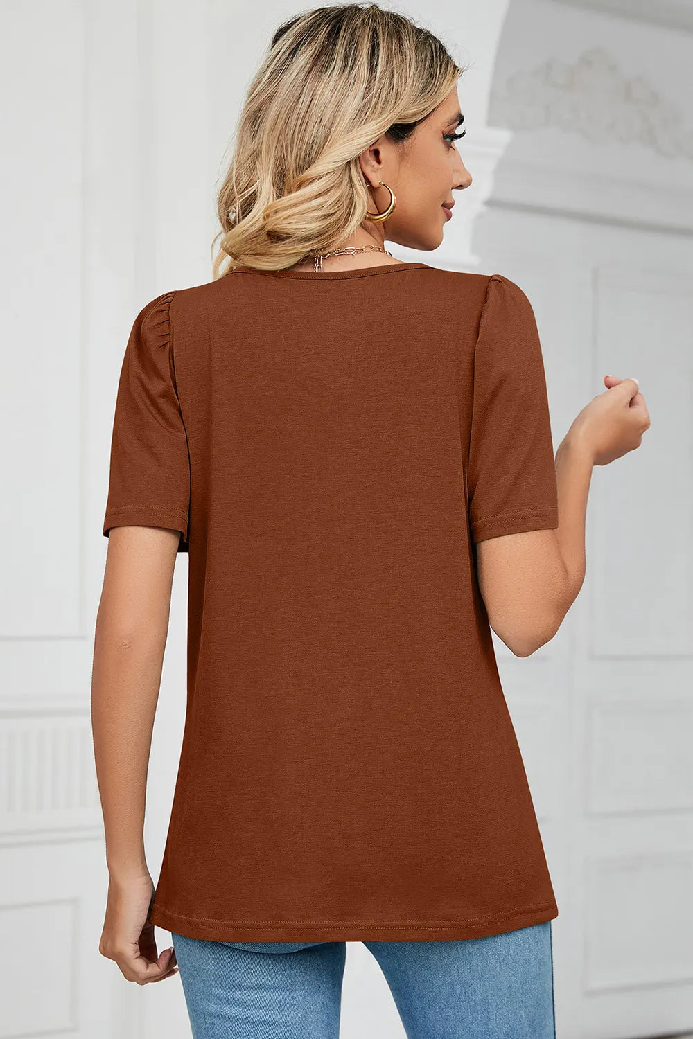 Square Neck Short Sleeve women T-Shirt.