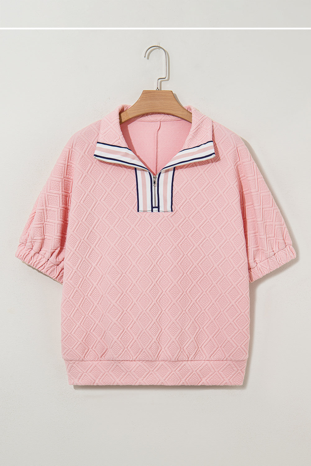 Light Pink Contrast Striped Collar Patchwork Textured Half Sleeve Blouse Dear-Lover Dropshipping