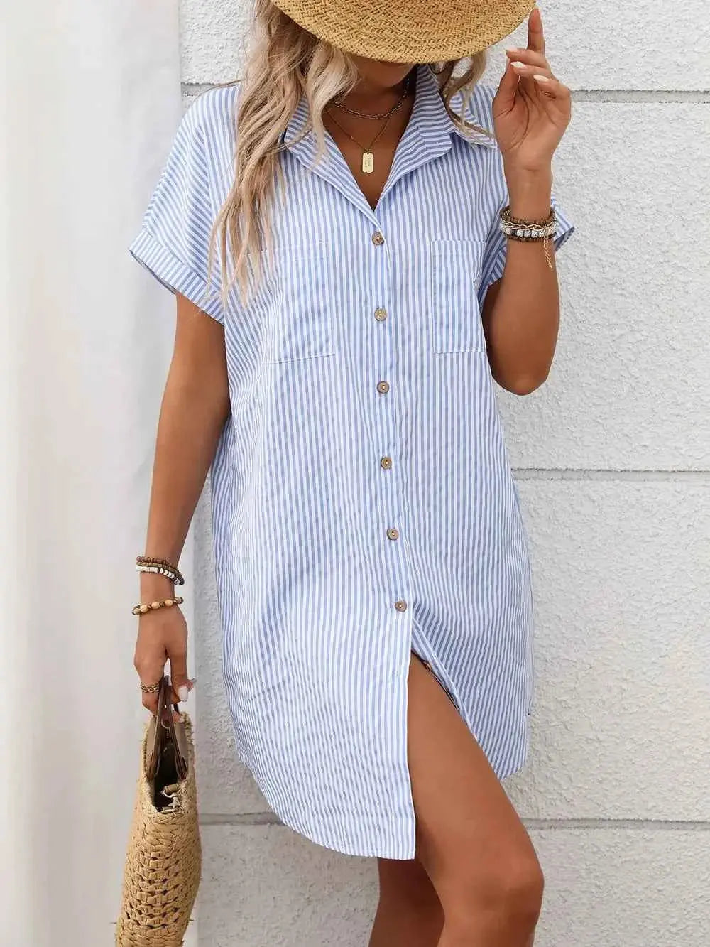 Striped Button Down Short Sleeve Mini Dress.