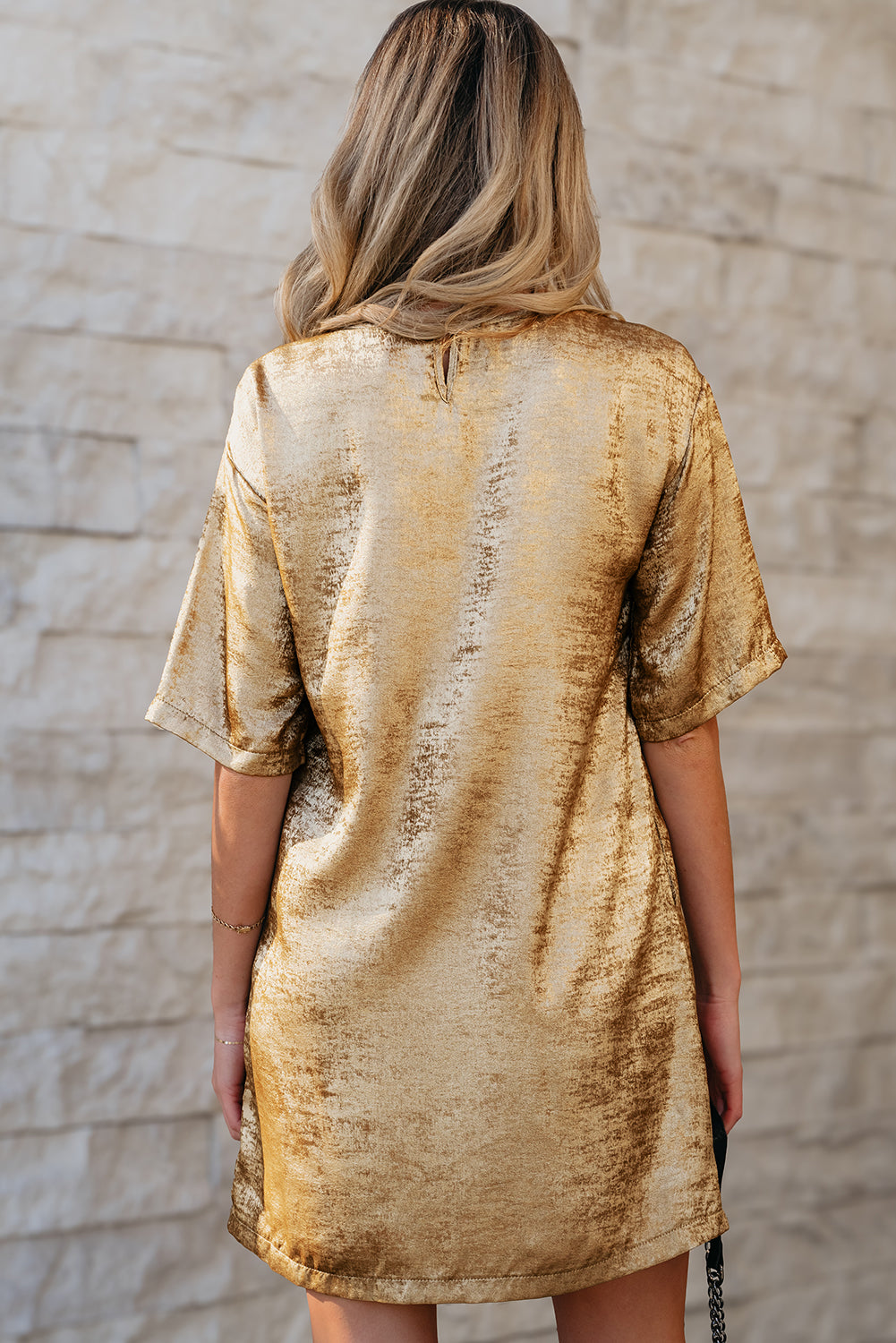 Gold Metallic Luster Crewneck Mini T-Shirt Dress Dear-Lover Dropshipping