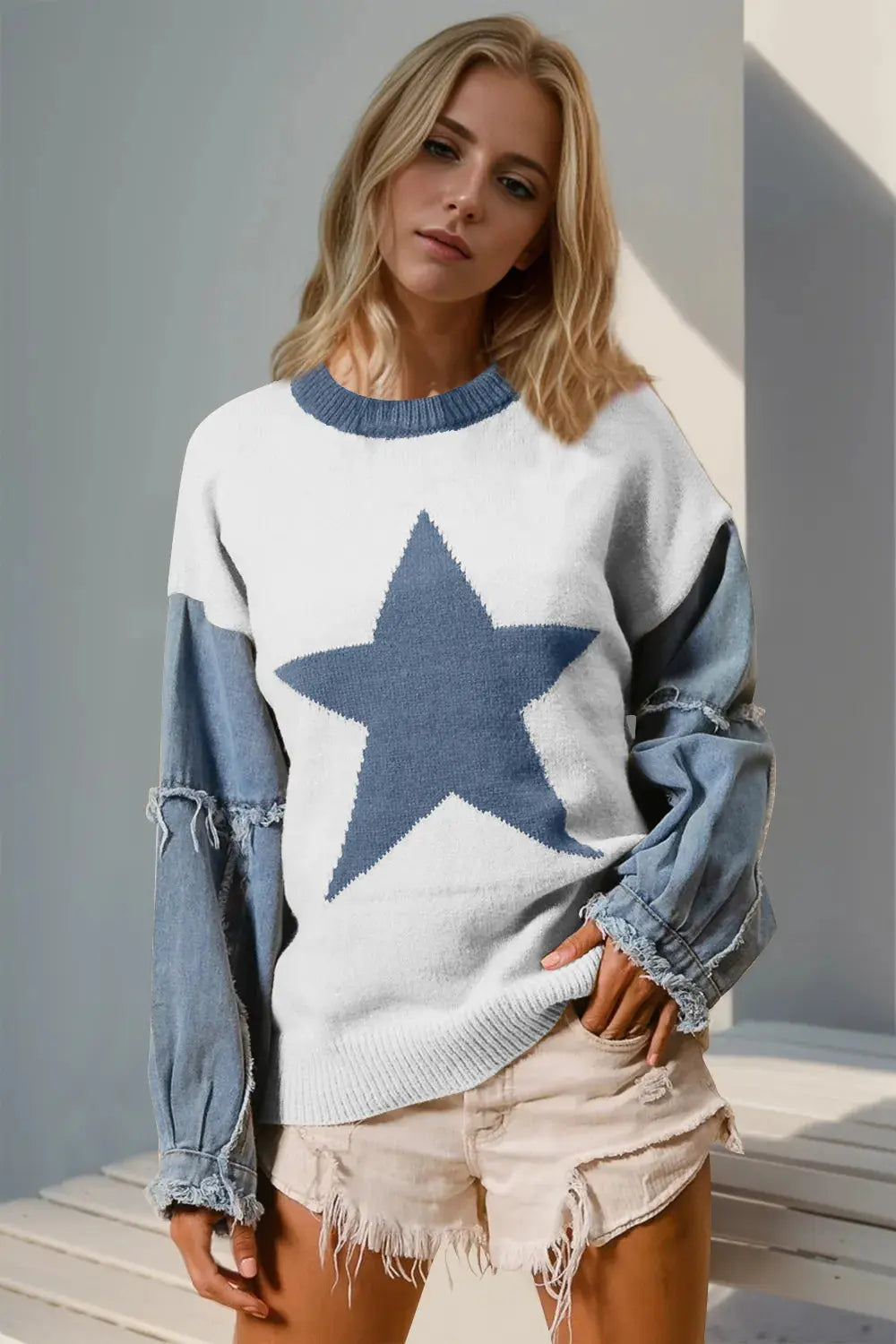 Double Take Full Size Star Pattern Raw Edge Long Sleeve Sweater.
