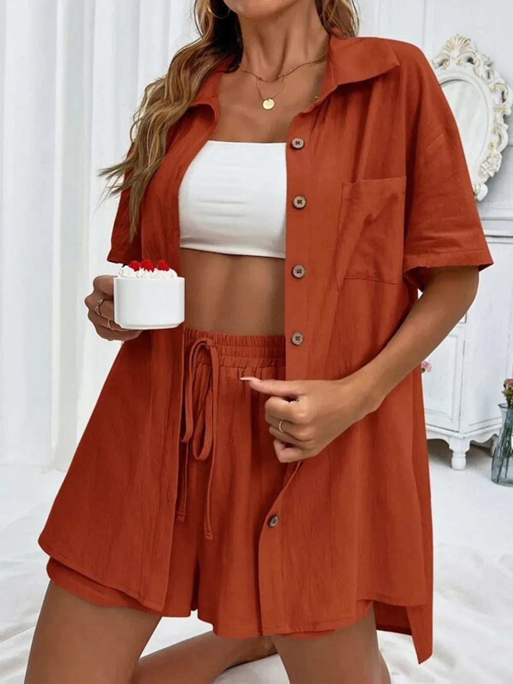 Button Up Shirt and Drawstring Shorts Set - CHIC TB