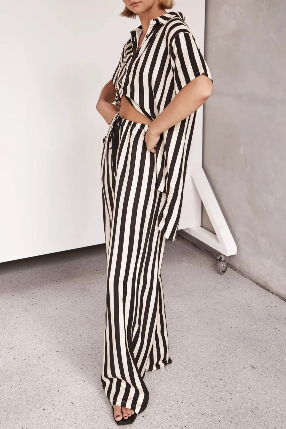 Striped Collared Neck Half Sleeve Top and Pants Set - CHIC TB