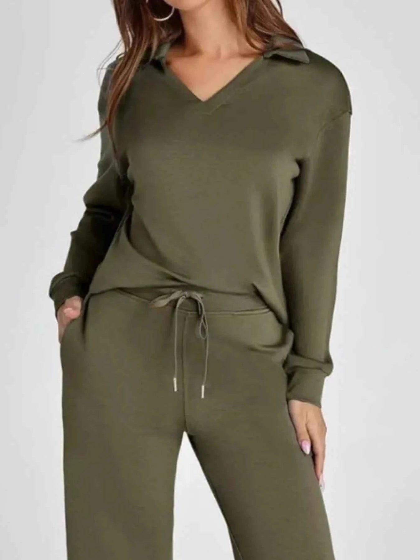 Full Size Johnny Collar Long Sleeve Top and Pants Plus Size