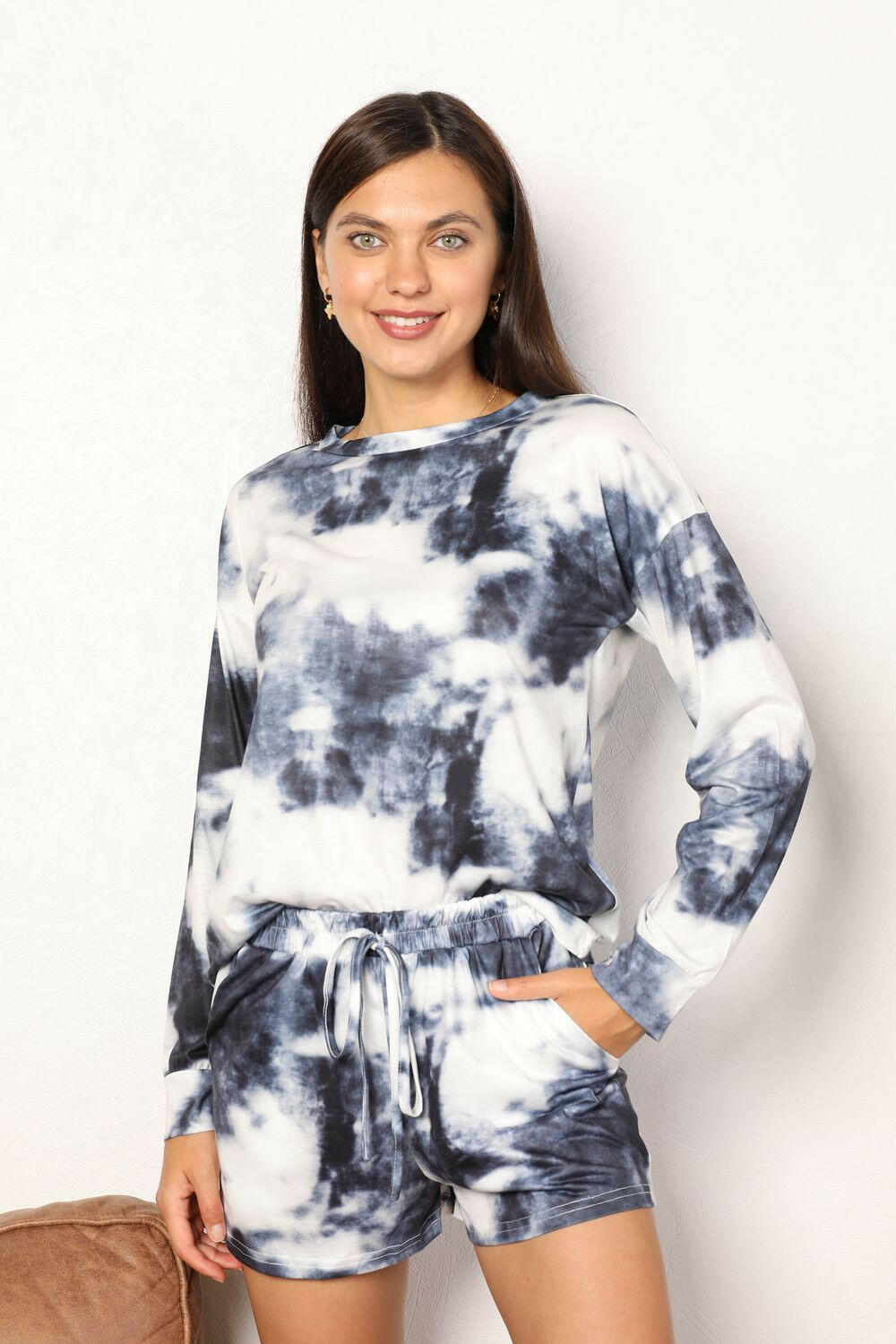 Shiny Tie-Dye Round Neck Top and Shorts Lounge Set.