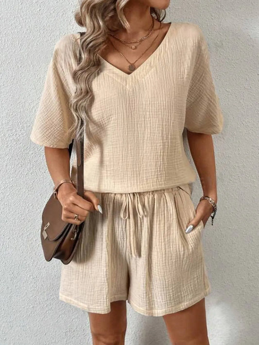 V-Neck Half Sleeve Top and Shorts Set - CHIC TB