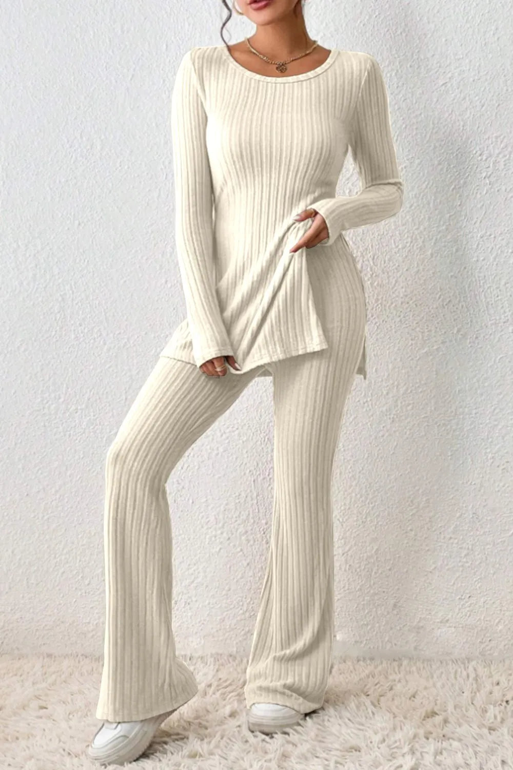 Ribbed Long Sleeve Slit Top and Bootcut Pants Set - CHIC TB