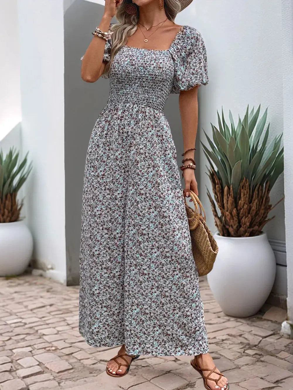 Perfee Ditsy Floral Smocked Square Neck Puff Sleeve Jumpsuit.