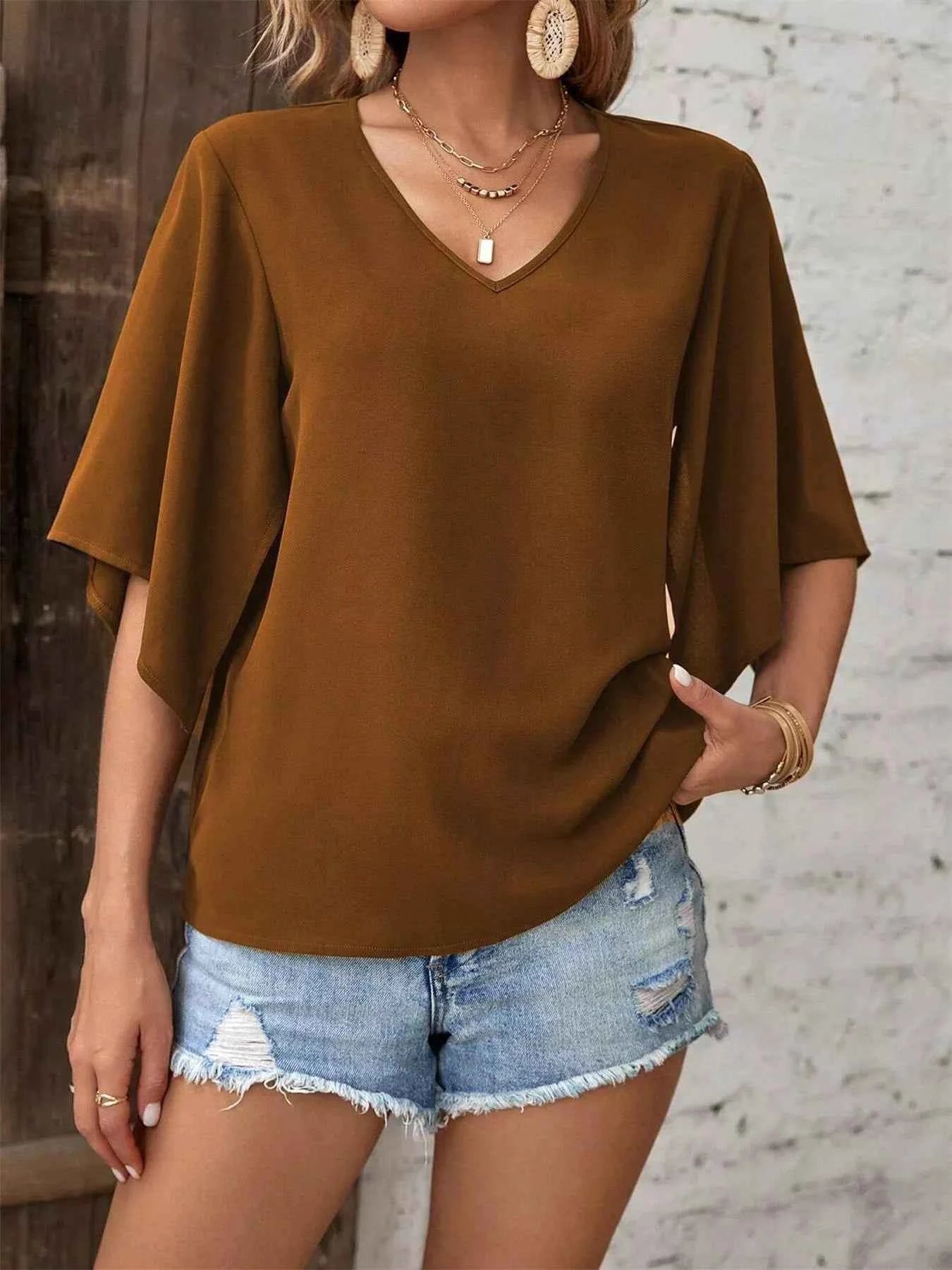 V-Neck Flutter Sleeve Blouse.