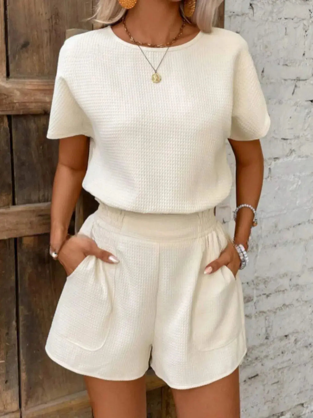 Round Neck Short Sleeve Top and Shorts Set.