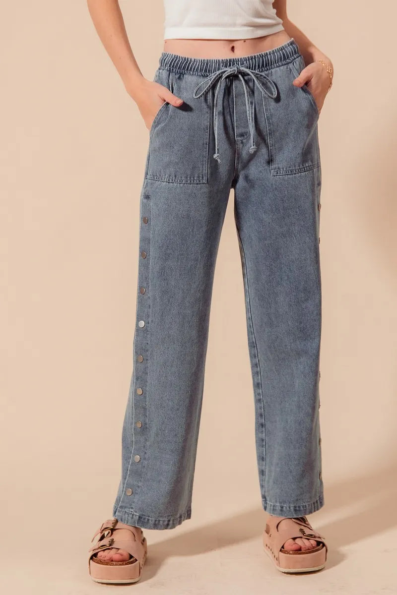 Mid Rise Drawstring Jeans with Side Snap Button.