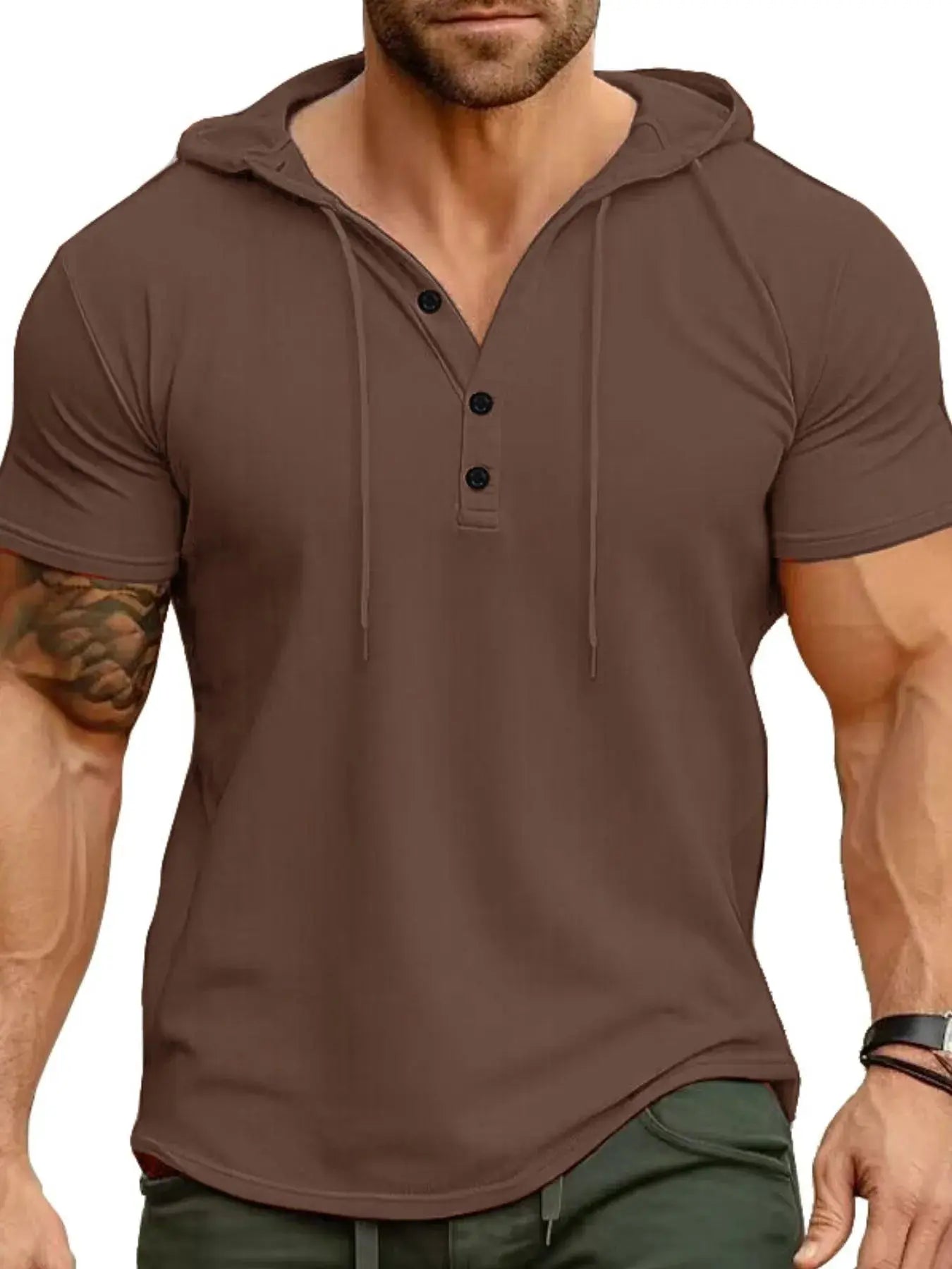 Men's Full Size Casual Hooded Henley T-Shirt Plus Size.