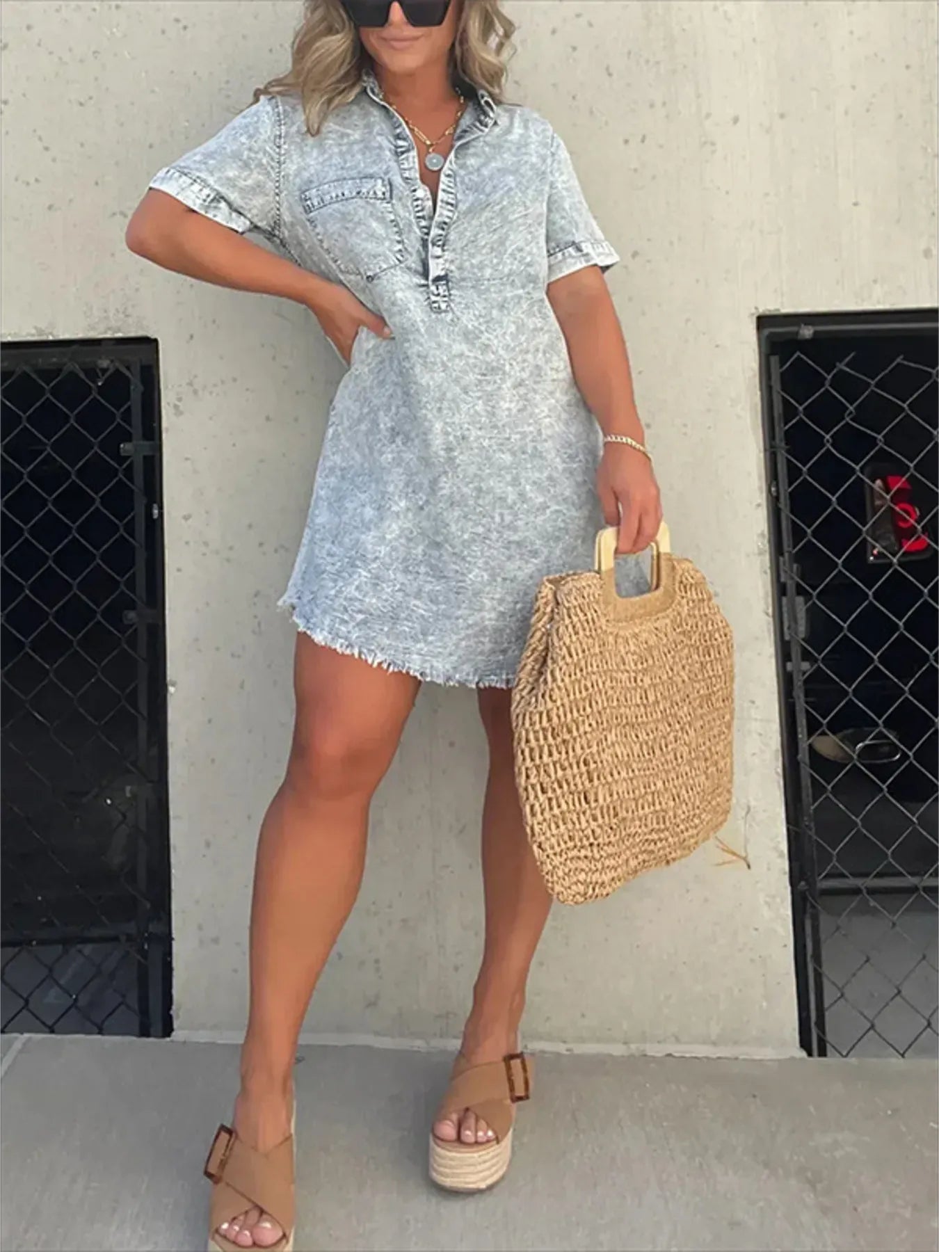 Full Size Raw Hem Short Sleeve Denim Dress Plus Size.