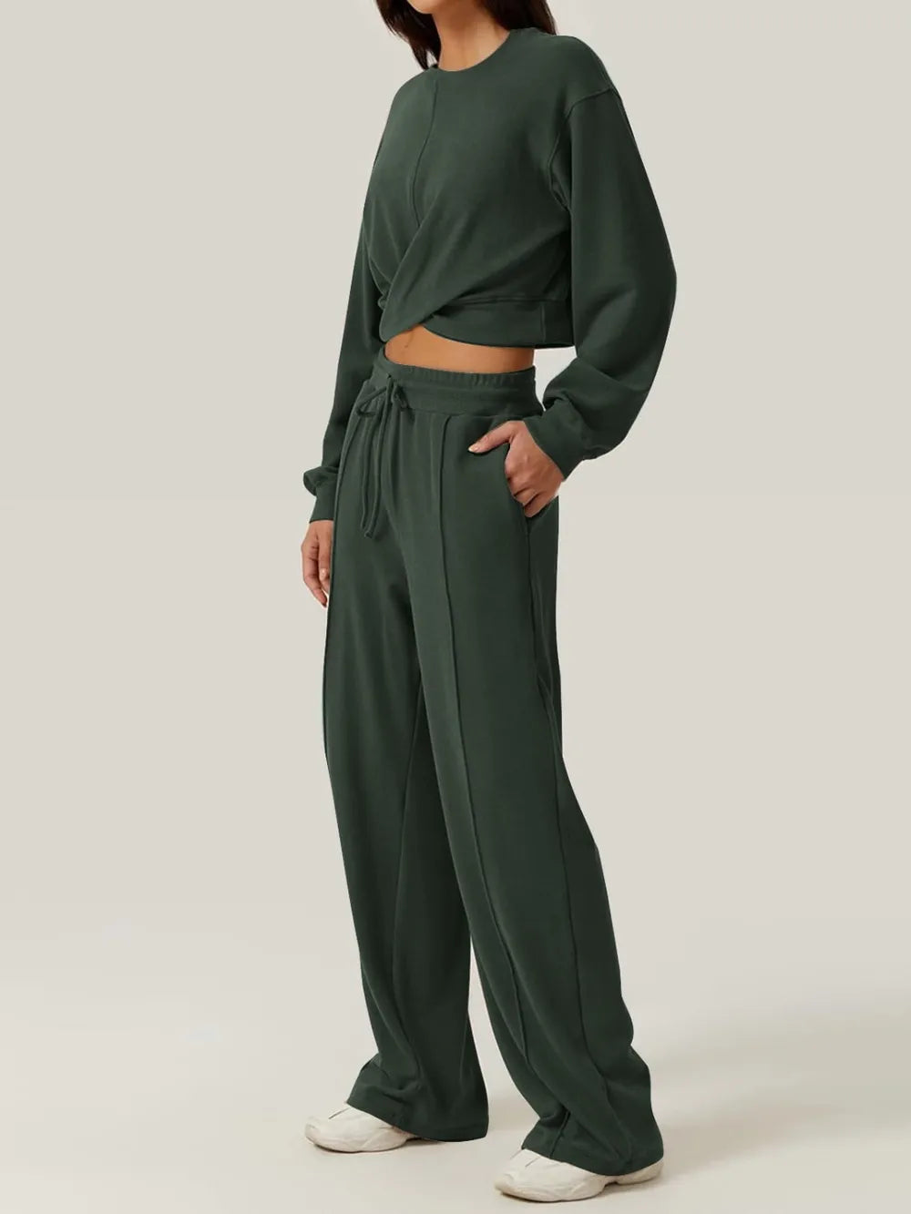 Crisscross Round Neck Top and Drawstring Pants Set.