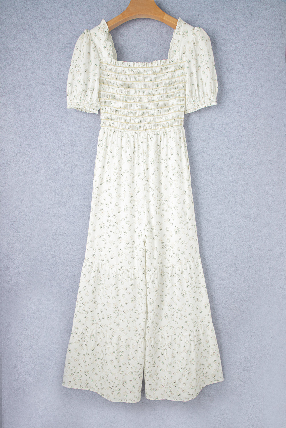 White Boho Floral Smocked Wide Leg Short Puff Sleeve Jumpsuit Dear-Lover Dropshipping