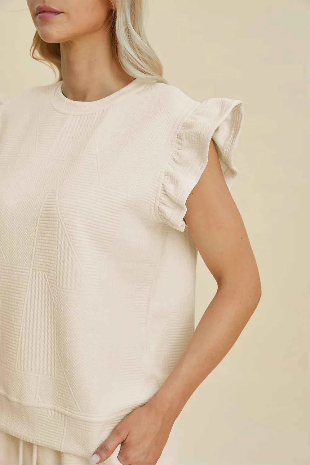Round Neck Ruffle Sleeve Top and Shorts Set
