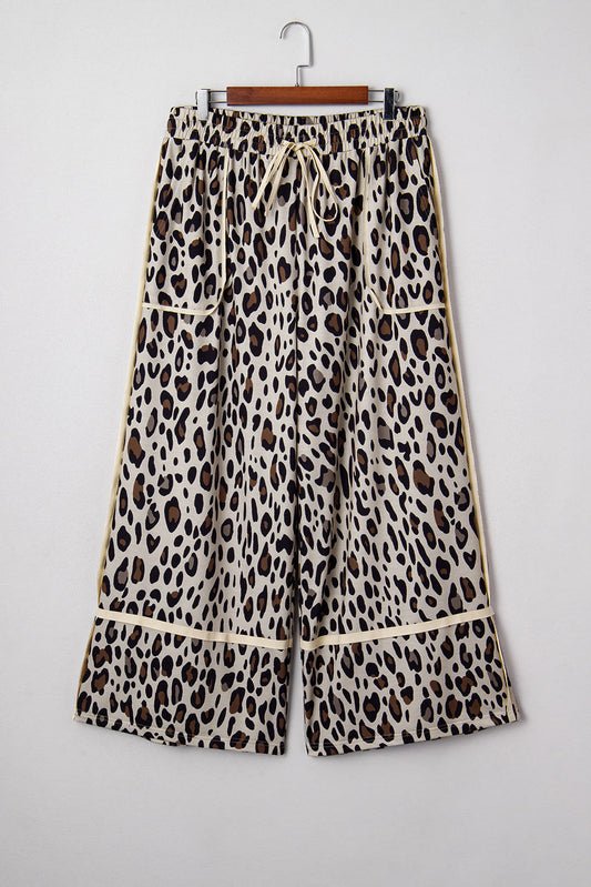 Khaki Exposed Seam Patched Pocket Plus Size Drawstring Leopard Wide Leg Pants Dear-Lover Dropshipping
