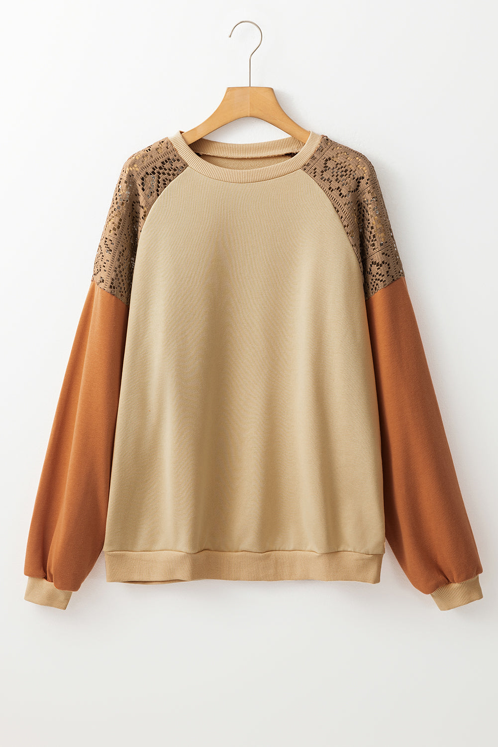 Khaki Lace Patchwork Colorblock Drop Shoulder Sweatshirt Dear-Lover Dropshipping