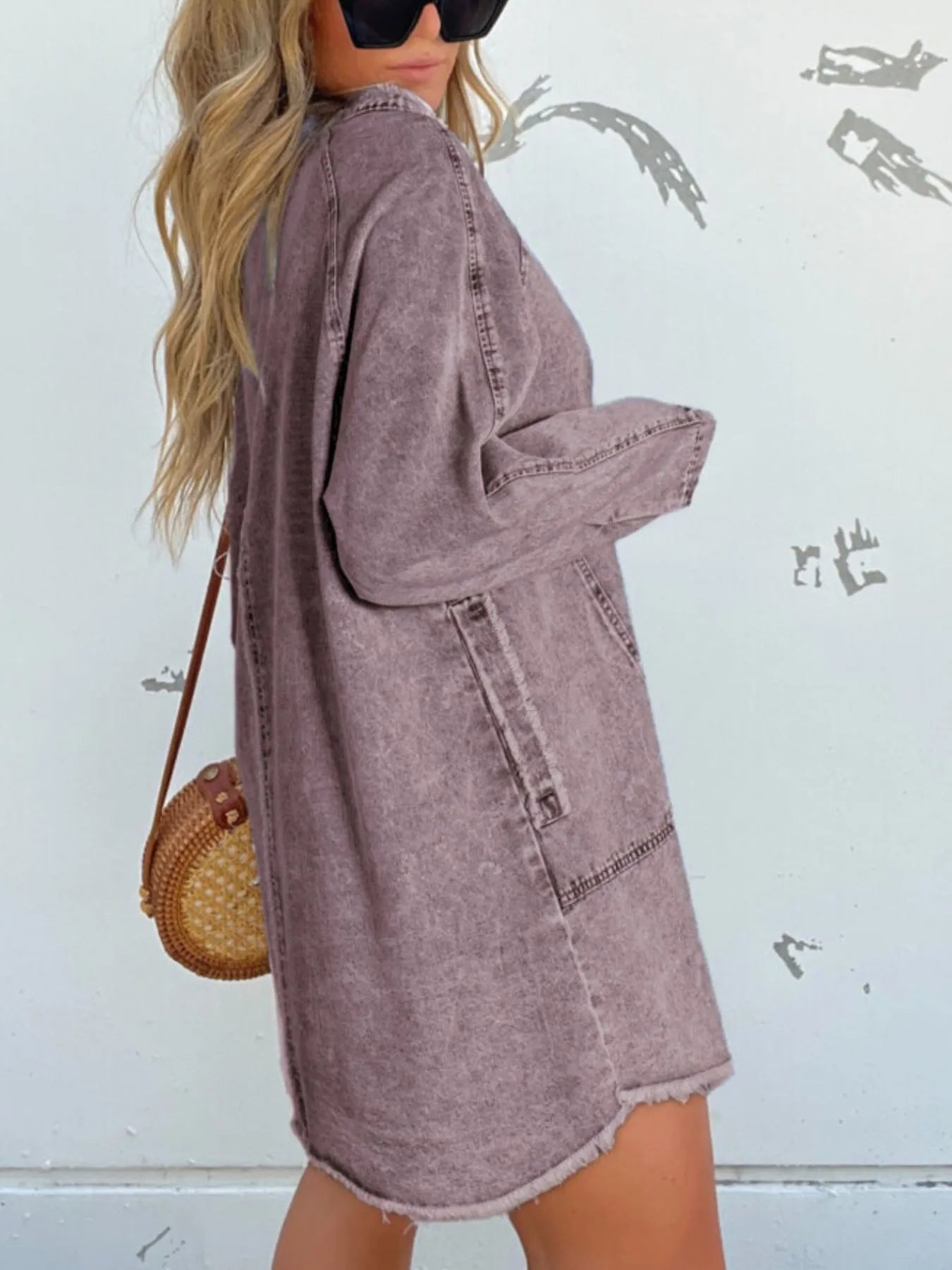 Full Size Button-Front Long Sleeve Denim Shirt Dress Plus Size.